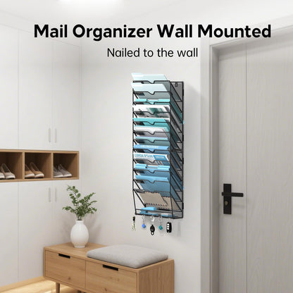 5 Tier Wall File Organizer - Hanging File Organizer with 5 Hooks, Mail Holder Wall Mounted for Papers, Folders, Magazines, Bills, Office&School Organization, Black