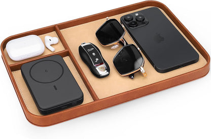 SENEN Leather Tray, Stylish and Organized Multifunctional Tray, for Table Entryway, Premium PU Leather, Catchall Tray for Keys, Watch, Wallet, Jewelry, and More (Black Frame)
