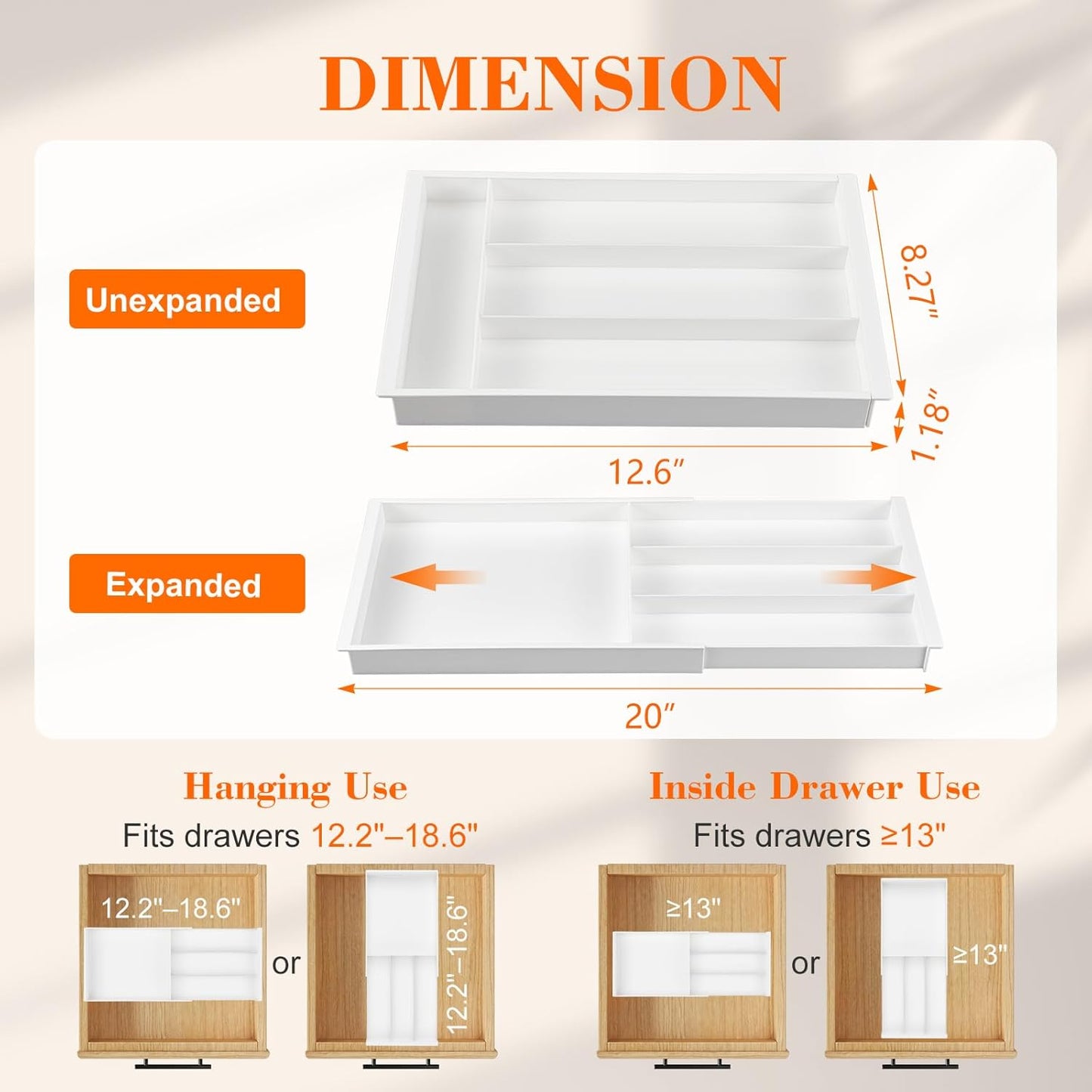 Briwooody Expandable Drawer Tray with Adjustable Dividers, 12.6-19.96 Inch Hanging Sliding Desk Organizer, 1.18'' Deep White Office Storage for Pens Paper Clips Sticky Notes Tape, Desk Accessories