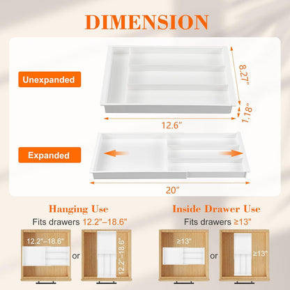 Briwooody Expandable Drawer Tray with Adjustable Dividers, 12.6-19.96 Inch Hanging Sliding Desk Organizer, 1.18'' Deep White Office Storage for Pens Paper Clips Sticky Notes Tape, Desk Accessories