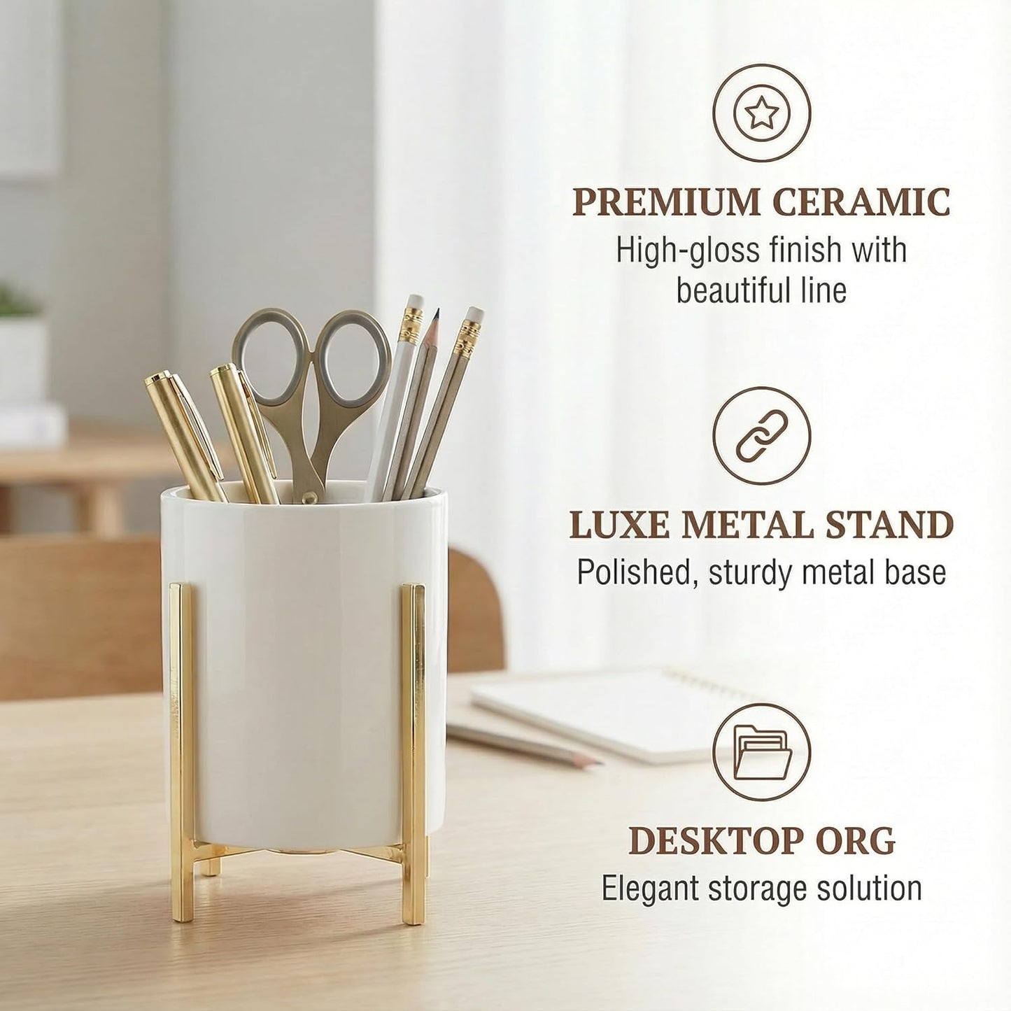 4.72" Gold Pen Holder Aesthetic Pencil Holder for Desk, Gold Desk Organizers and Accessories for Women Girls, Ceramic Pen Holder for Office