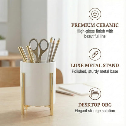 4.72" Gold Pen Holder Aesthetic Pencil Holder for Desk, Gold Desk Organizers and Accessories for Women Girls, Ceramic Pen Holder for Office