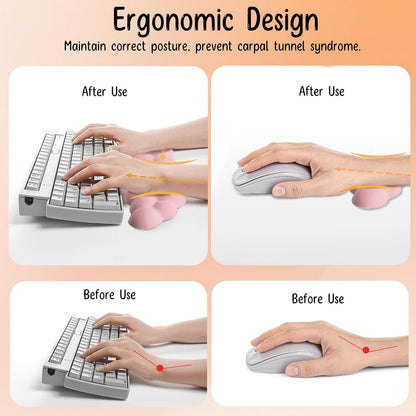 Keyboard Wrist Rest Mouse Wrist Support Set, Cloud Keybroad Wrist Rest Pad with Non-Slip PU Base, Memory Foam Wrist Rest for Pain Relief Computer Laptop Gaming Home Office, White