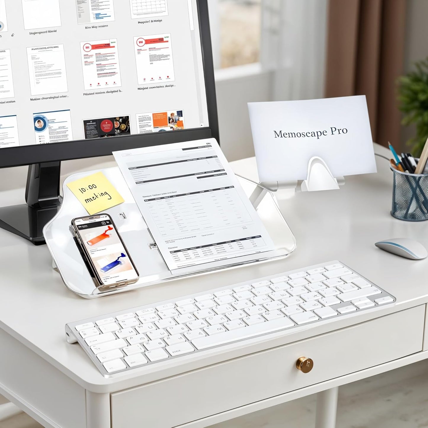 MemoScape PRO Adjustable in-Line Document Copy Holder for Desk - Help Boost Productivity and Reduce Neck Strain - Paper Holder Stand for Desk - Office & Home Organization Accessory - White