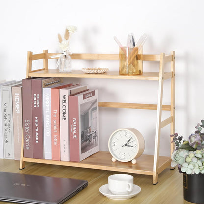 2-Tier Ladder Desktop Bookshelf, 23.62" Wide Wooden Countertop Storage Hutch for Office, Dorm and Home, Small Desk Organizer for Books and Decor