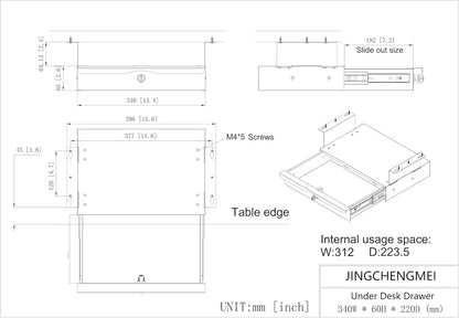 Under Desk Drawer Sliding Out Attachment with Shell, 15.6" x 10" x 5.07" Pull Out Lockable Drawer Storage Organizer with Cable Mangement for Workbench or Standing Desk with High Crosspiece