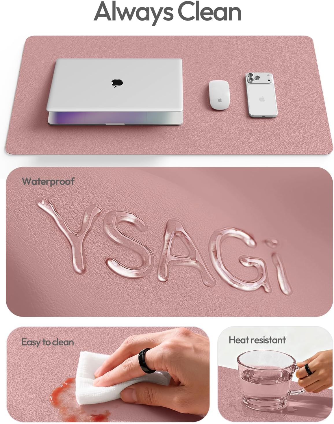YSAGi Leather Desk Protector, Office Mat, Large Mouse Mat, Non-Slip PU Leather Blotter, Laptop Pad, Waterproof Writing Pad for Office and Home (Light Pink, 23.6" x 13.8") - Colors B