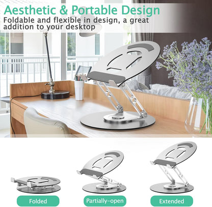 Laptop Stand for Desk Adjustable Computer Stand with 360 Rotating Base Ergonomic Laptop Riser Mount for Desk Foldable Protable Computer Desk Fits with MacBook Pro Air, Round Black
