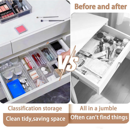 Makeup Drawer Organizer Bins Set - 7 PCS 4-Size Clear Bathroom Drawer Organizers Trays, Desk Junk Vanity Drawer Organizer Storage, Kitchen Utensils, Bathroom, Jewelries and Office