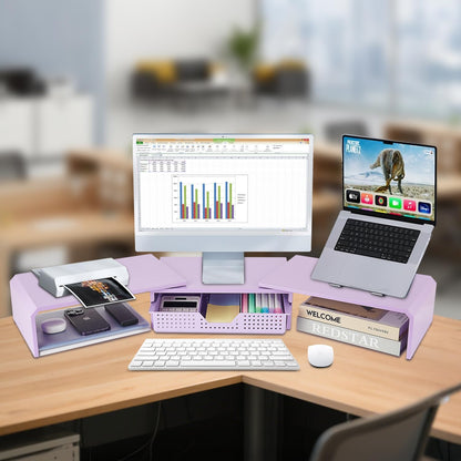 LEKETREE Dual Monitor Stand Riser with Drawer, Desk Organizer and Accessories, Pink Monitor Stand for Desk, Desktop Stand for Computer, Laptop, TV and More (Pink)