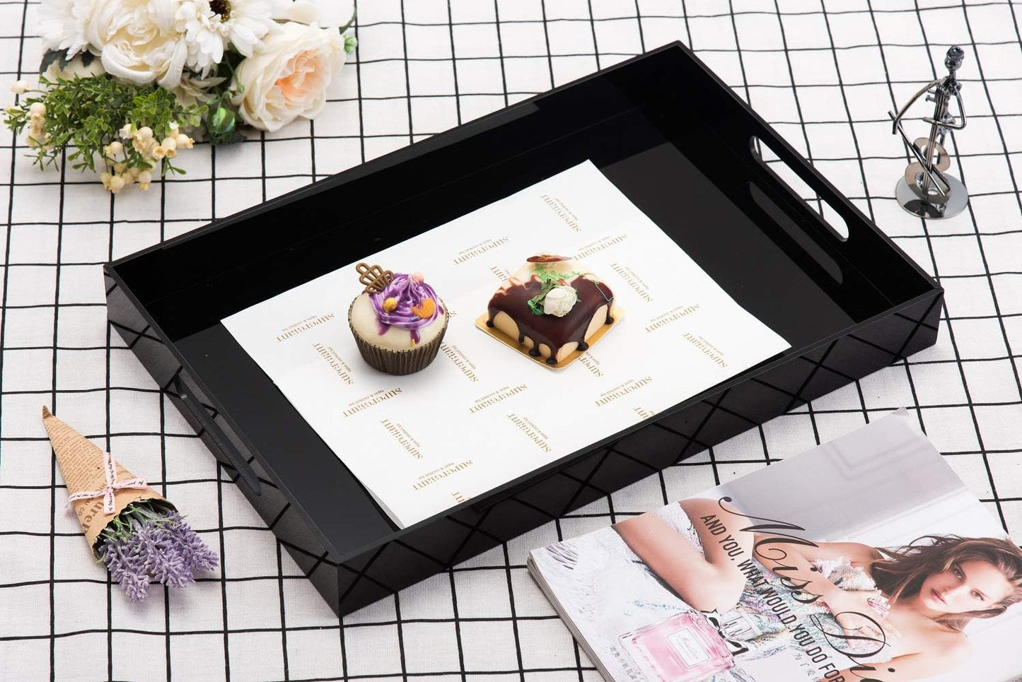 KEVLANG Clear Sturdy Acrylic Serving Tray with Handles-12x16Inch-Serving Coffee,Appetizer,Breakfast,Butler-Kitchen Countertop -Makeup Drawer Organizer-Vanity Table -Ottoman