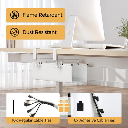 Under Desk Cable Management Tray 27.2" - No Drill Computer Wire Organizer Cable Tray, Cord Hider Clamp Mount with 16X Cable Ties PC Cables Management Cord Holder for Office/Home (Upgrade Fabric,White)