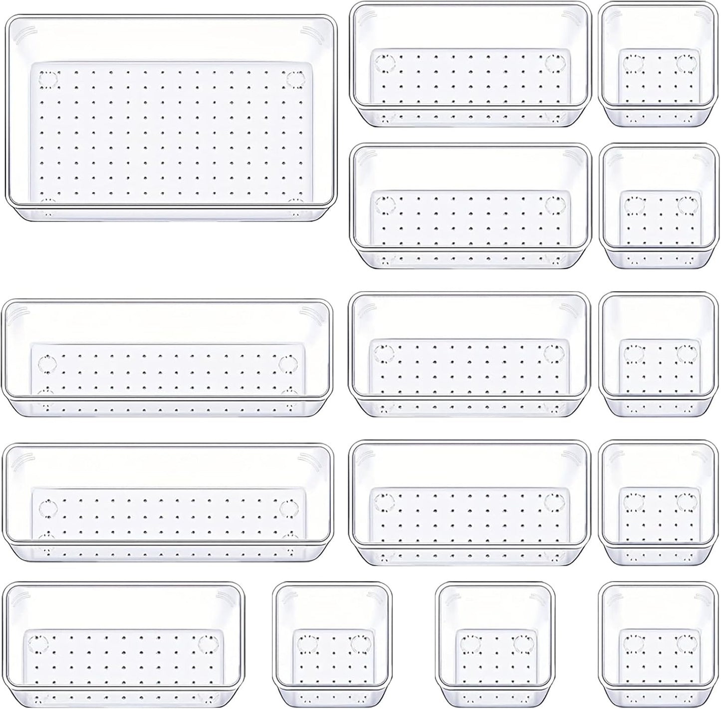 Manalete Drawer Organizers Set of 15, 4 Sizes Clear Plastic Drawer Organizers and Storage Bins for Kitchen, Bathroom, Office, Dresser Desk Drawer Organizer Tray for Jewelry, Makeup, Junk, Gadgets