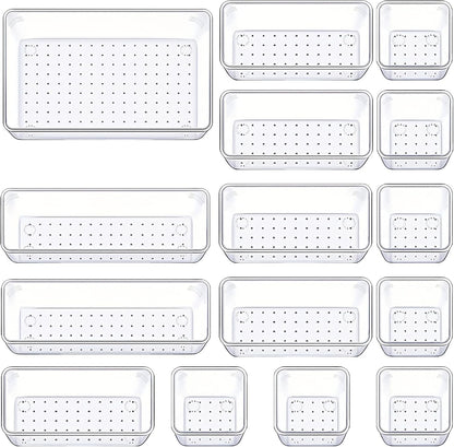 Manalete Drawer Organizers Set of 15, 4 Sizes Clear Plastic Drawer Organizers and Storage Bins for Kitchen, Bathroom, Office, Dresser Desk Drawer Organizer Tray for Jewelry, Makeup, Junk, Gadgets