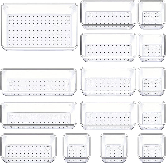 Manalete Drawer Organizers Set of 15, 4 Sizes Clear Plastic Drawer Organizers and Storage Bins for Kitchen, Bathroom, Office, Dresser Desk Drawer Organizer Tray for Jewelry, Makeup, Junk, Gadgets