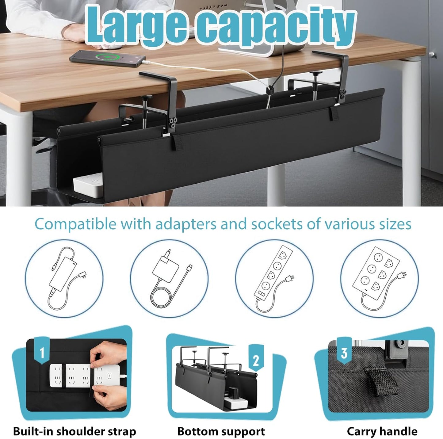 Oxford Cloth Under Desk Cable Management Tray,No-Drill 36" Desk Cable Management Organizer with Clip/Screw Installation,Fabric Cable Management for Home,Office & Gaming Computer(Black)