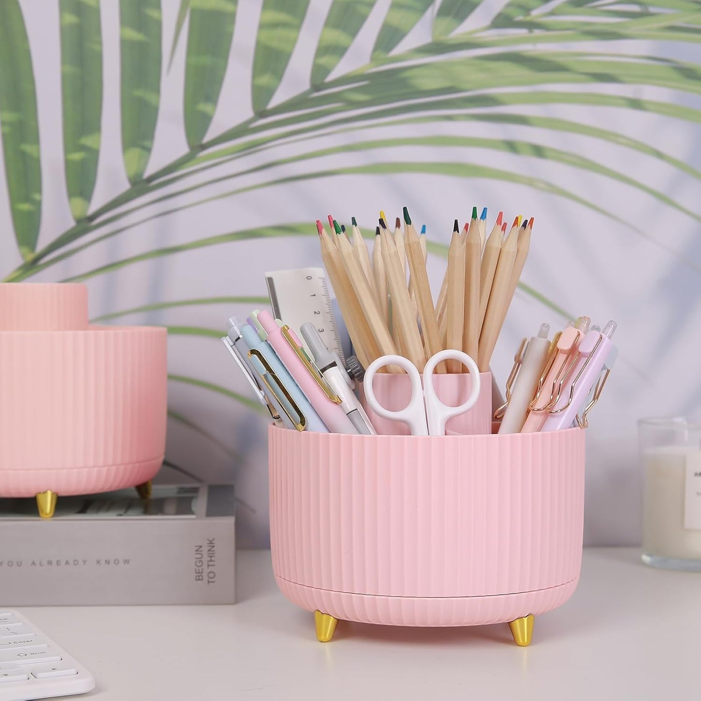 SKYDUE 360 Rotating Purple Pen & Art Supply Organizer - 5 Slot Desk Organizer for Office, School, Home
