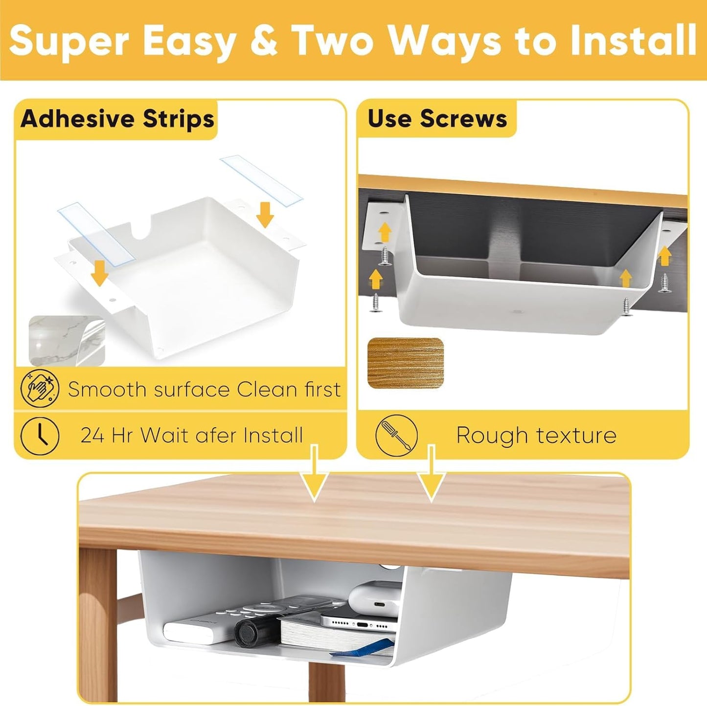 2 Pack Under Desk Hanging Drawer Slide Pull Out, Attachable Clear Acrylic Storage Tray, Easy Hidden Self Adhesive Mount Cabinet Shelf Holder for Tables, Home & Office, Counters, Workstation