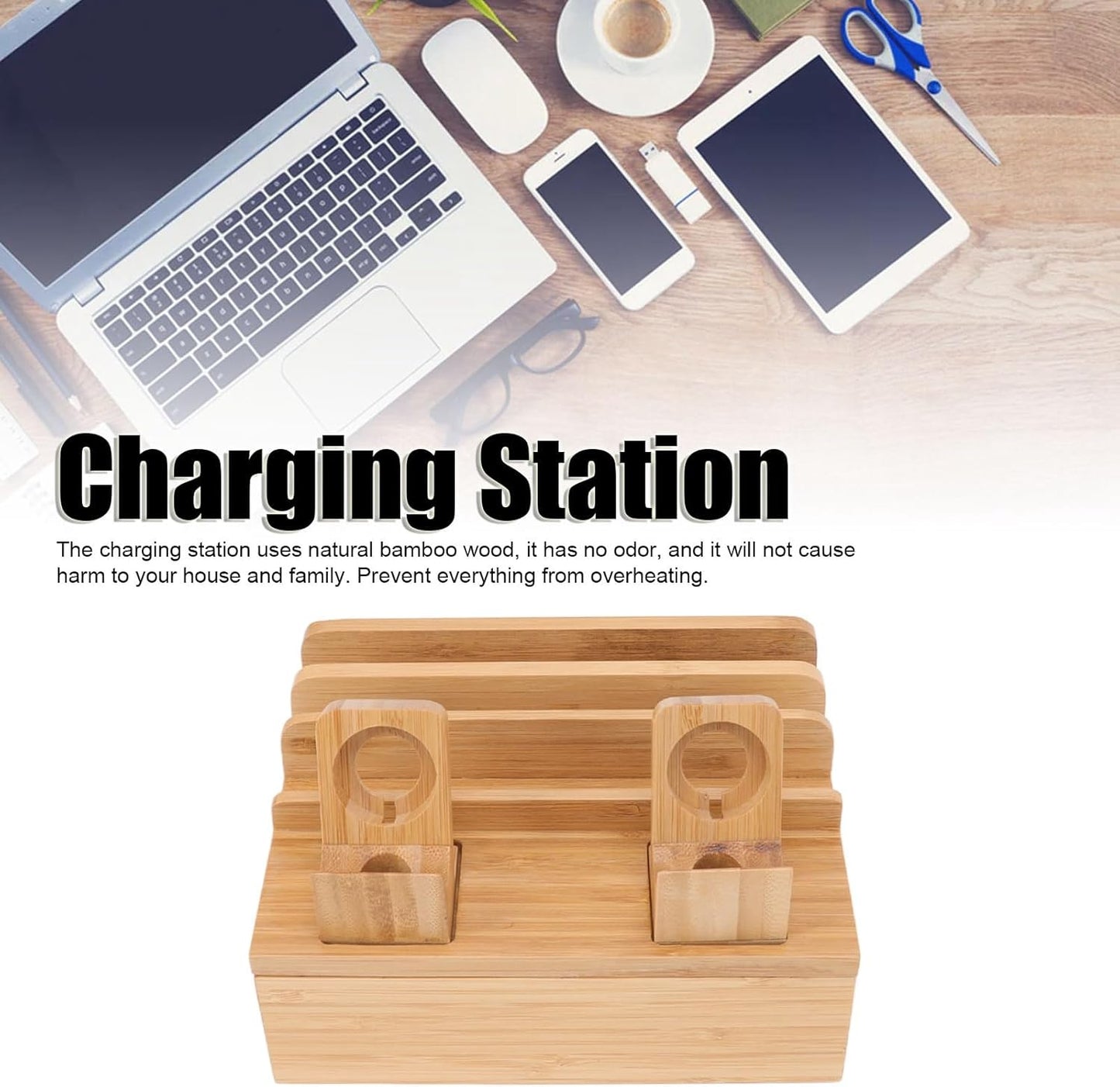 Bamboo Charging Station for Multiple Devices with 5 Port USB Charger, Electronic Device Desktop Dock Stations Organizer for iPads, Laptops, Tablets, Watch (Wooden)
