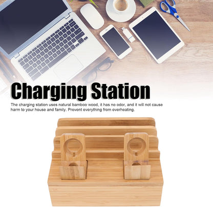 Bamboo Charging Station for Multiple Devices with 5 Port USB Charger, Electronic Device Desktop Dock Stations Organizer for iPads, Laptops, Tablets, Watch (Wooden)