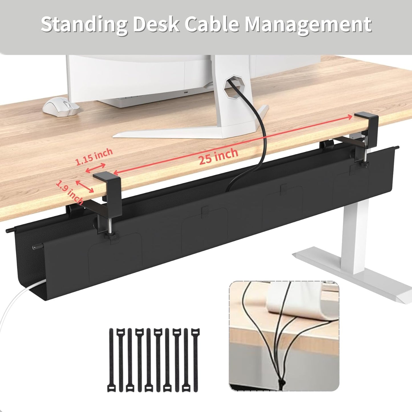 Under Desk Cable Management Tray, 36” Fabric No Drill Clamp Mount Cord Organizer for Desk, Heavy Duty Wire Management for Office Home, Black