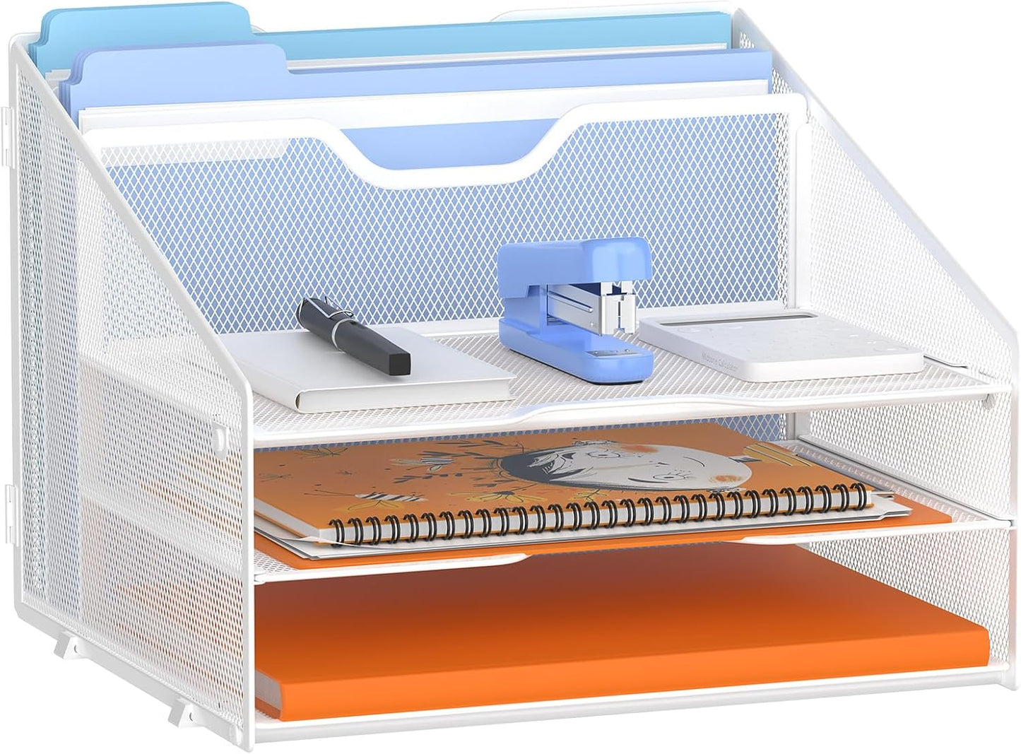 GAWERK Letter Tray Organizer, Mesh Desk File Organizer with 3 Paper Trays and 2 Vertical Upright Section, Blank