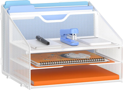 GAWERK Letter Tray Organizer, Mesh Desk File Organizer with 3 Paper Trays and 2 Vertical Upright Section, Blank