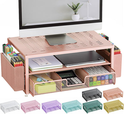 gianotter Wood Monitor Stand Riser, Office Desk Shelf Organizer, Desk Organizer with Drawer and Pen Holder, 2-Tier Computer Stand, Office Organization (Ink)