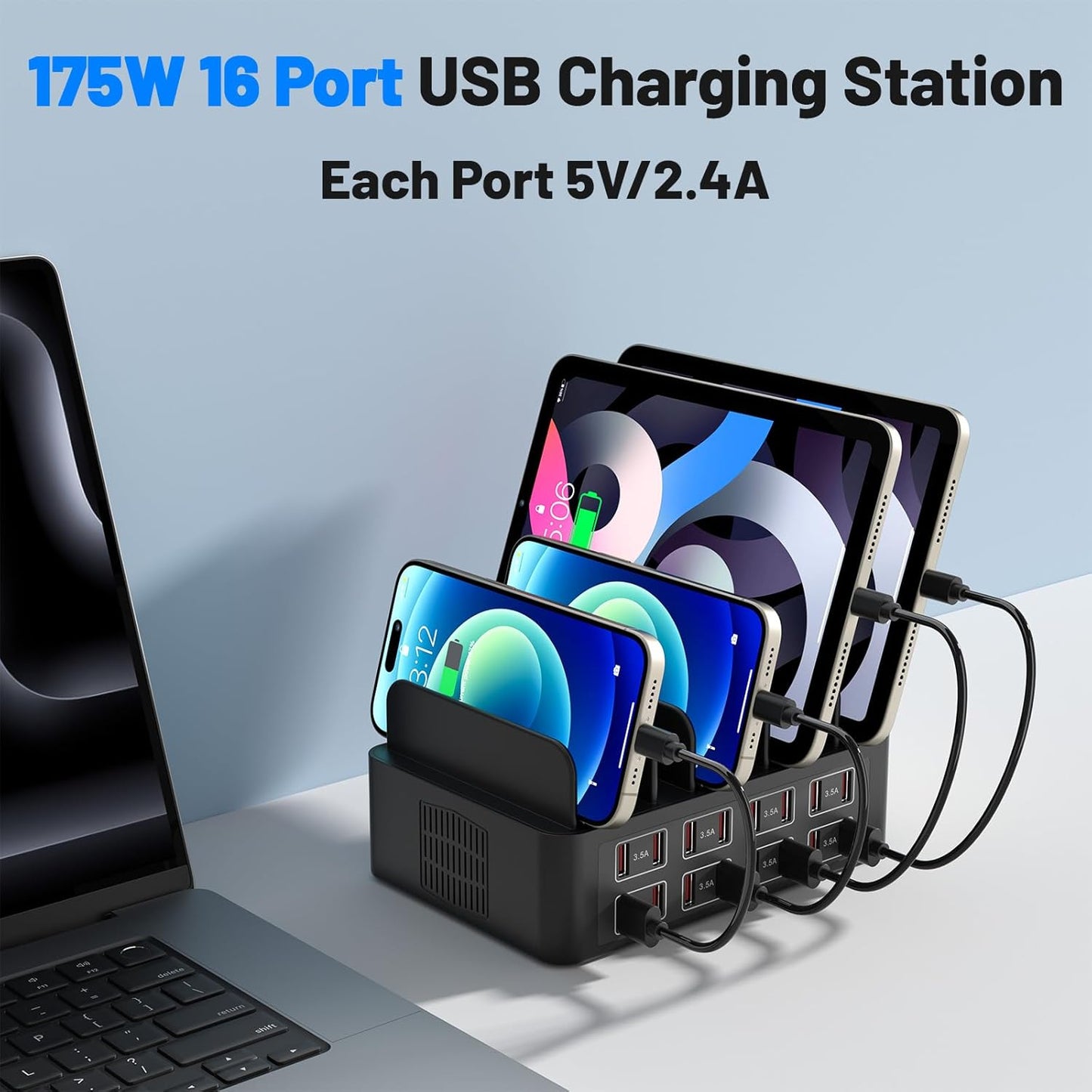 Charging Station for Multiple Devices, 16 Port USB Fast Charging Station, 175W Ipad Charger Station, Multiple Charger Organizer Compatible with Smartphones, Tablets and Other Devices