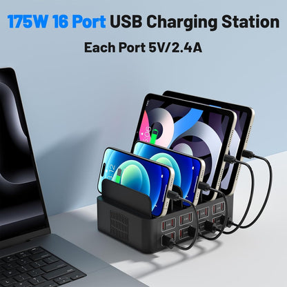Charging Station for Multiple Devices, 16 Port USB Fast Charging Station, 175W Ipad Charger Station, Multiple Charger Organizer Compatible with Smartphones, Tablets and Other Devices
