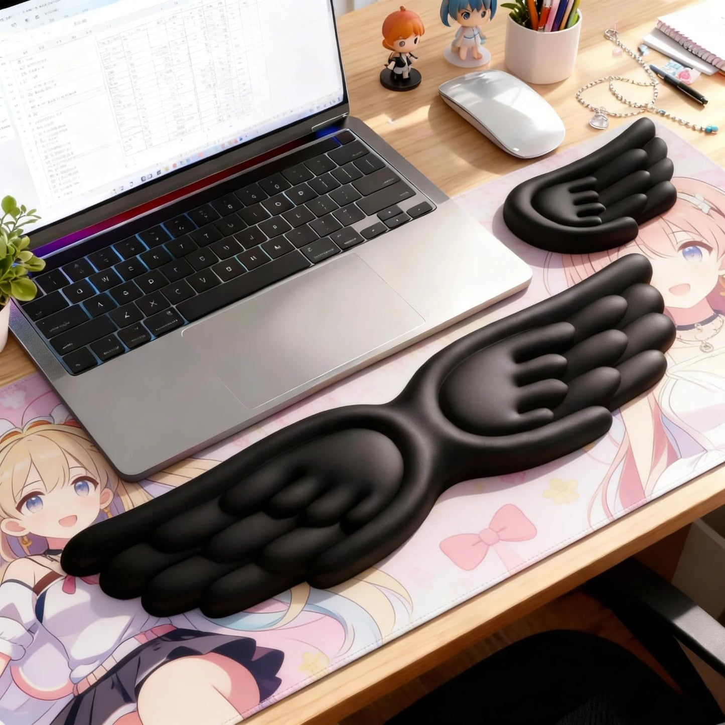 Angel Wing Wrist Rest Ergonomic Memory Foam Wrist Rest for Computer Keyboard Mouse Set, Cute Gaming Keyboard Cushion Hand Support PU Leather Surface Anti-Slip Waterproof White Angel Wing