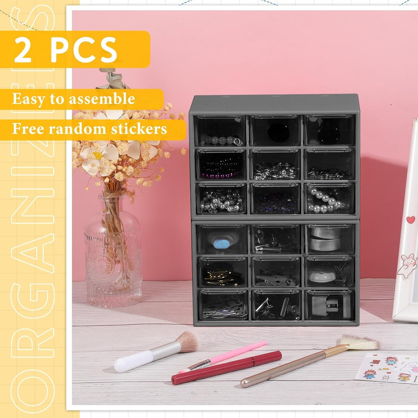 Wenqik 2 Pcs Mini Storage Drawers Teacher Toolbox Organizer with 9 Clear Drawers Small Plastic Desktop Teacher Desk Craft Organizer for Classroom Office 7" x 3. 9" x 4. 7"(Green)