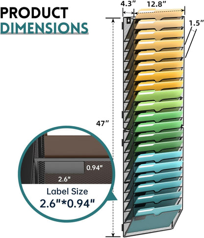 SUPEASY 5 Tier Wall File Organizer, Hanging Wall Mounted Mail Organizer with Label Slots, Metal Mesh File Holder Magazine Rack for Office, Home, School or Classroom, Black