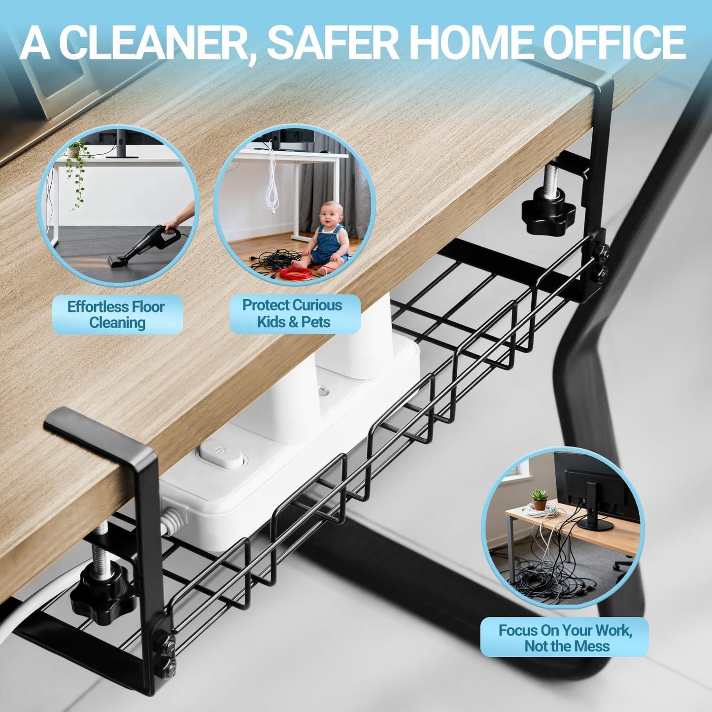 Under Desk Cable Management Tray, 15.7'' Metal Wire Organizer with Clamp, No Drill Desk Cord Rack for Cable Management, Computer Wire Organizer for Office and Home, Sturdy & Scratch-Free
