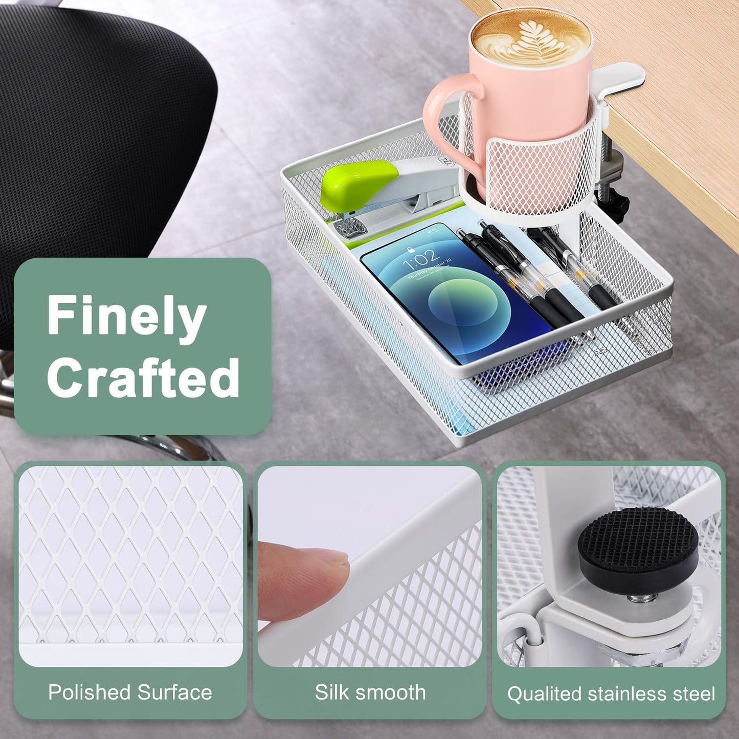 ROSYLINE 360°rotation under desk drawer, Drawer Under Desk Storage Organizer, Rotary Desk Storage Organizer with Cup Holder, Clamp Drawer Basket, sturdy and durable (black)