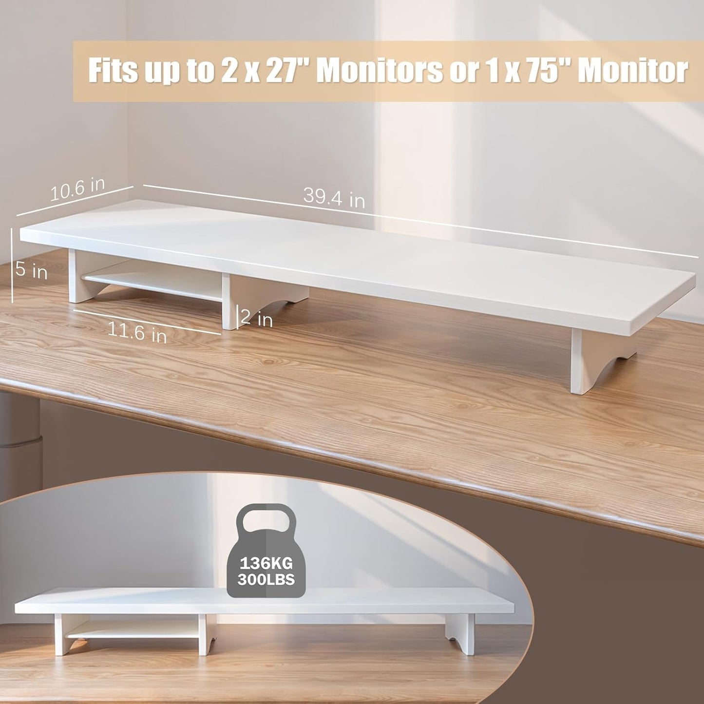 Bamboo Dual Monitor Stand Riser Natural, 2-Tier Desk Monitor Riser for 2 Monitors, Supports for PC Computer Monitor, Printer, Heavy TV Riser up to 300 lbs
