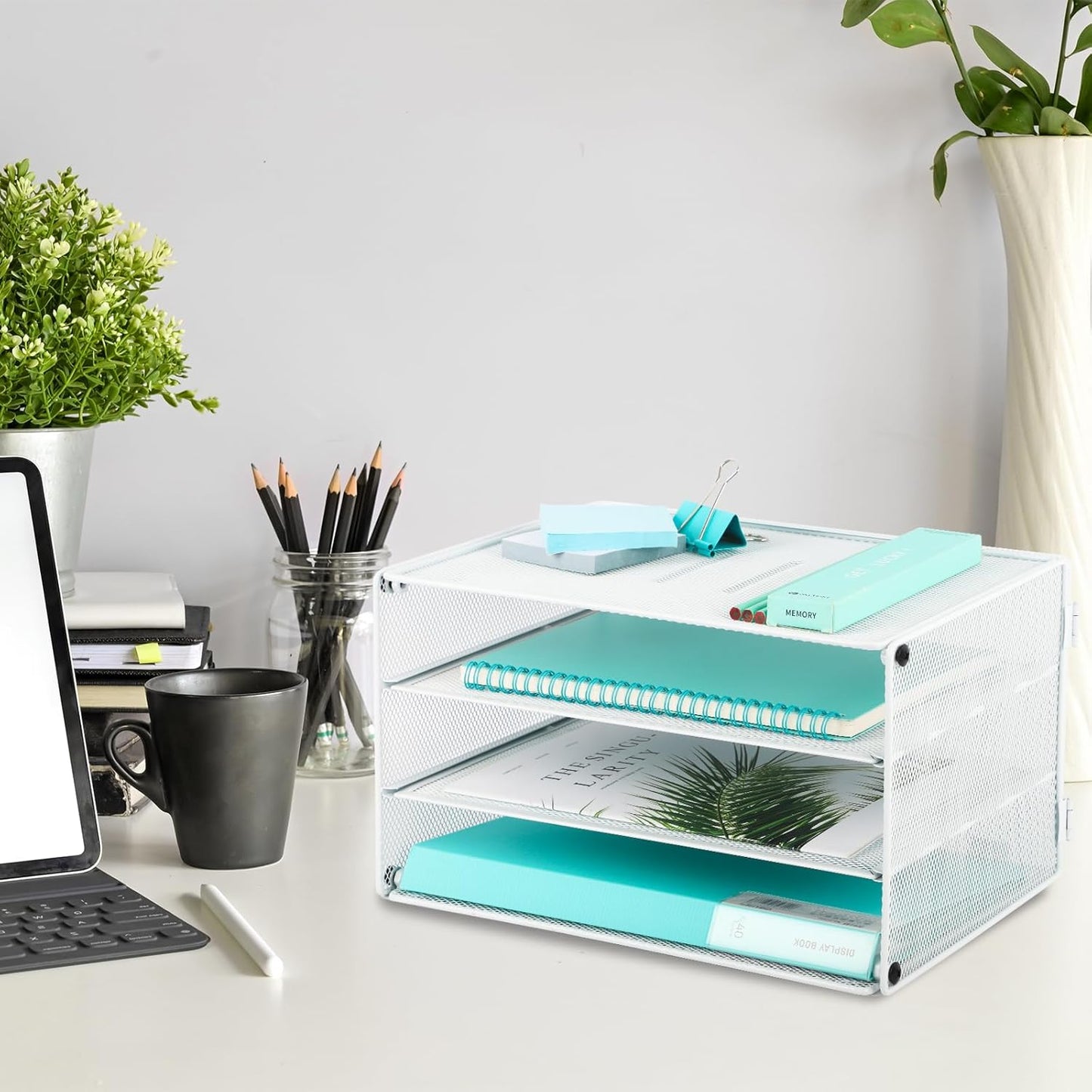 EASEPRES 3 Tier Mesh Desk Organizer Tray, File Paper Letter Folder Holder Desktop Paper Sorter Mail Organization Rack Storage Accessories, for Office Home School Classroom, Black