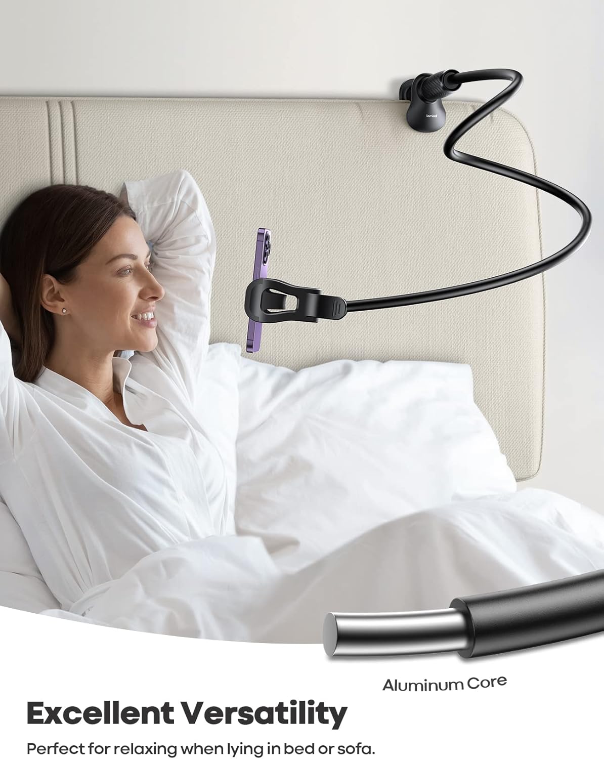 Lamicall Gooseneck Phone Holder for Bed - [Upgraded Stable Clip] for Desk, Headboard, Bed, Bedside, Table, Flexible Gooseneck Long Arm Stand, Overhead Cell Phone Clamp Mount, Gift for All 4-7” Device