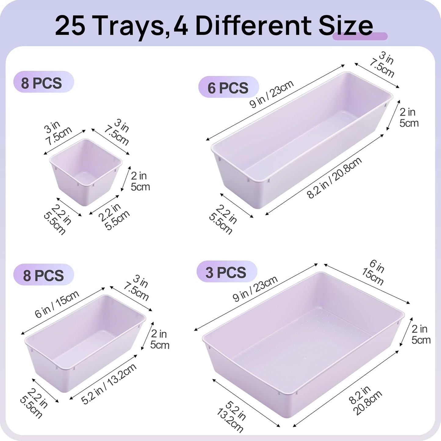 Vtopmart 25 PCS Clear Plastic Drawer Organizers Set, 4-Size Versatile Bathroom and Vanity Drawer Organizer Trays, Storage Bins for Makeup, Bedroom, Kitchen Gadgets Utensils and Office