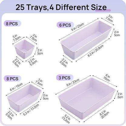 Vtopmart 25 PCS Clear Plastic Drawer Organizers Set, 4-Size Versatile Bathroom and Vanity Drawer Organizer Trays, Storage Bins for Makeup, Bedroom, Kitchen Gadgets Utensils and Office