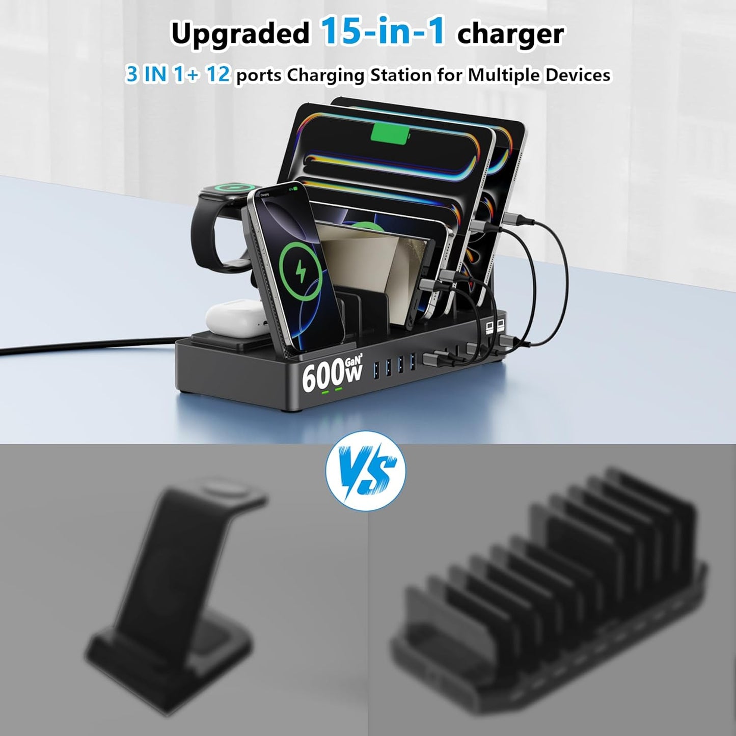 600w Charging Station for Multiple Devices, 15 in 1 Wireless Charging Station for Apple, Dual 100w USB C Tablet Charging Station for MacBook,iPhone,iPad,Tablet(Black)