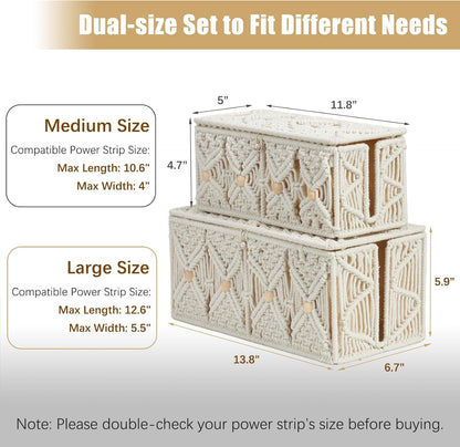 Cable Management Box Handmade Macrame Cord Storage Organizer Power Strips Outlet Router Adapter TV Wire Hider Cover Under Desk Natural Cotton Rope Woven Boxes with Lid (Off White, Large)