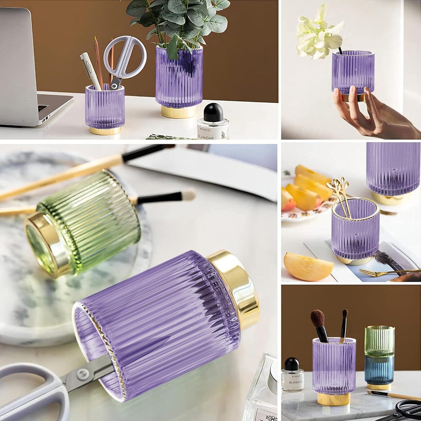 DASITON Makeup Brush holder Organizer,Crystal Cosmetic Makeup Brush Glass Brushes Storage Holder, Vintage Make Up Brush Cup Pen Pencil Holder striped vase(Coffee S)
