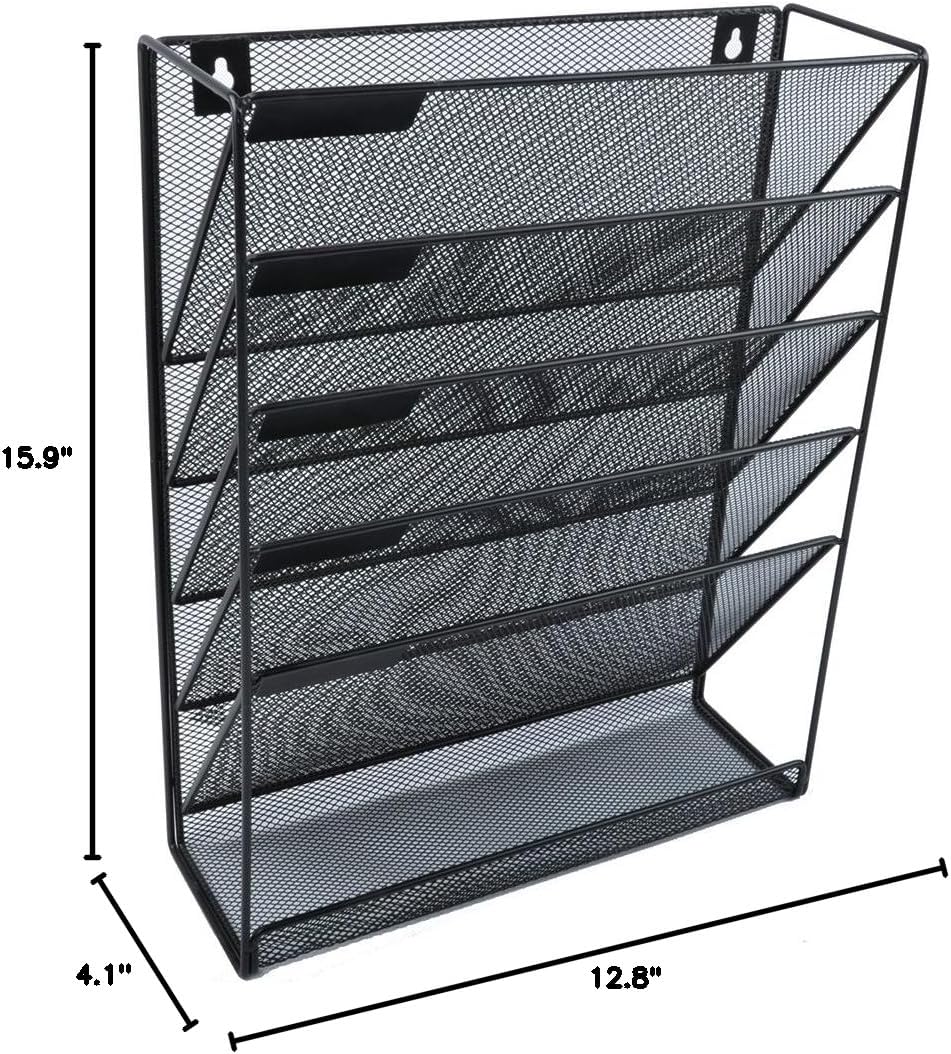 EASEPRES Desk File Organizer Mesh 6-Tier, Hanging Wall Mount Document Organization Stand, Desktop Vertical Mail Paper Folder Holder Rack with Bottom Tray for Office Home Cubicle Countertop, Black