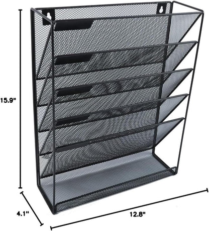 EASEPRES Desk File Organizer Mesh 6-Tier, Hanging Wall Mount Document Organization Stand, Desktop Vertical Mail Paper Folder Holder Rack with Bottom Tray for Office Home Cubicle Countertop, Black