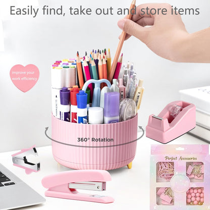 suniya Office Supplies,Gold Desk Accessories,with Stapler,Tape Dispenser,Pen Holder,Scissors,Phone Stand,Staple Remover,Ballpoint Pen,Clear Tape, Staples,Ruler,Clips,Best Gift for Business or Boss