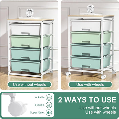 SYKIARIOL Utility Cart with 4 Drawers, Multipurpose Rolling Storage Cart with 4 Drawers and 2 Lockable Wheels, 4-Tier Rolling Storage Cart Organizer for Home Office Dorm, Bright White