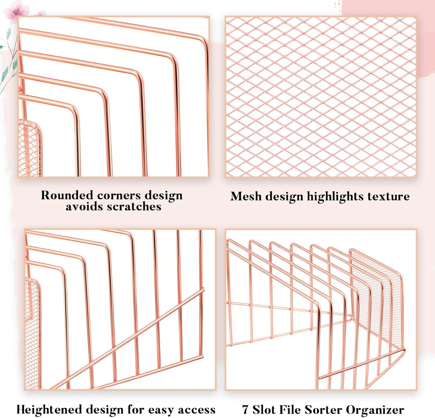 2 Pcs 7 Section Wire File Organizer for Desk, Metal Mesh Incline File Holder, Letter & Magazine Folder Rack, Desktop Paper Sorter for Home Office School (Golden)