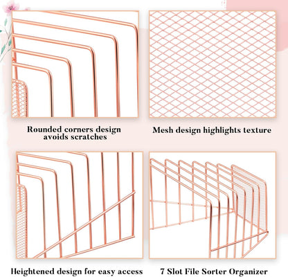 2 Pcs 7 Section Wire File Organizer for Desk, Metal Mesh Incline File Holder, Letter & Magazine Folder Rack, Desktop Paper Sorter for Home Office School (Golden)