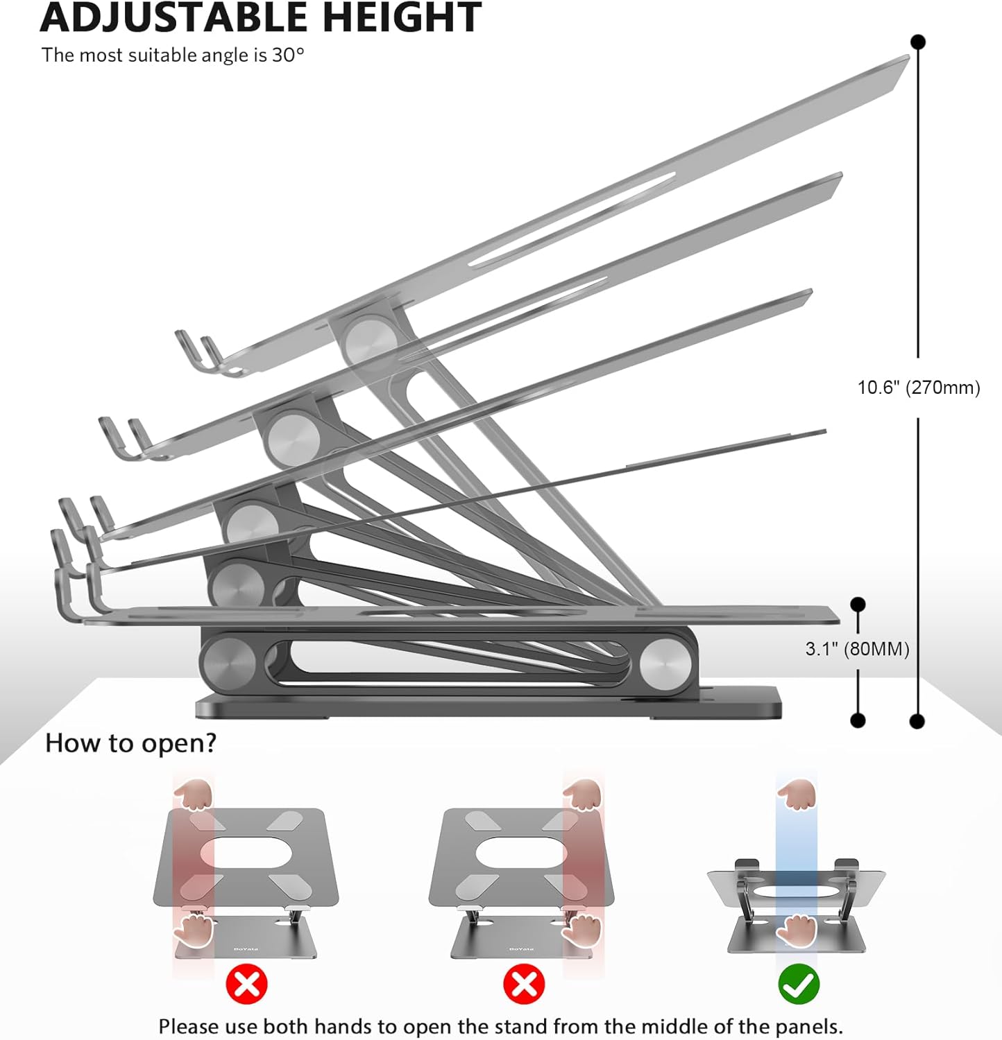 BoYata Laptop Stand, Adjustable Multi-Angle Laptop Holder, Compatible for Laptops up to 17 inches, Sturdy Aluminum & Silicone, Silver